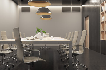 Front view on big light conference table with leather chairs around in modern meeting room with wooden wall and black parquet