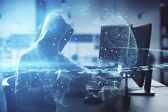 Cyber security innovation concept with digital earth planet on hacker with computers background