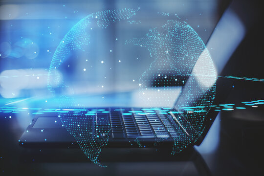 Big data network technologies with digital round world map with satellite at opened laptop background