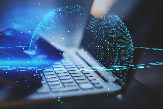 Telecommunication concept with digital world network map and hands typing on laptop on background