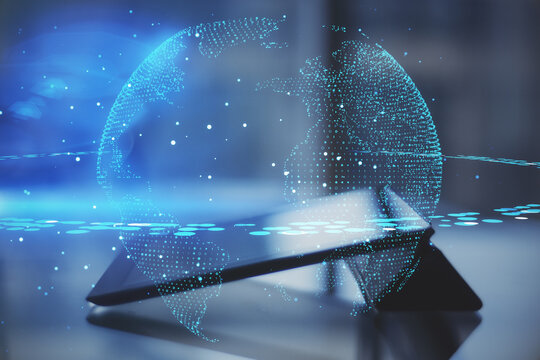 World telecommunication network concept with digital earth planet layout and digital tablet on a table on background - Powered by Adobe