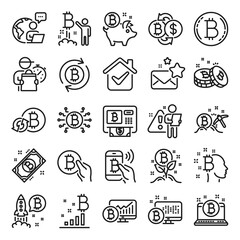 Cryptocurrency line icons. Set of Blockchain, Crypto ICO start up and Bitcoin icons. Mining, Cryptocurrency exchange, gold pickaxe. Bitcoin ATM, crypto coins, financial ico markets, blockchain. Vector