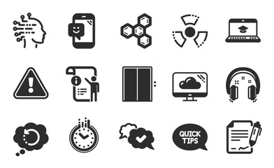 Approved, Smile and Recovery data icons simple set. Cloud storage, Chemical hazard and Artificial intelligence signs. Manual doc, Lift and Website education symbols. Flat icons set. Vector