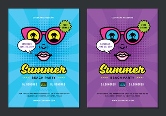 Summer beach party flyer or poster template 90s pop art style