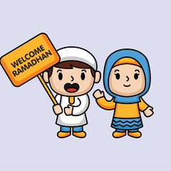 Cute Muslim kids Ramadan Kareem theme mascot illustration