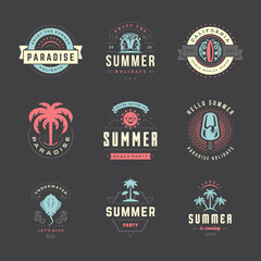 Summer holidays labels and badges retro typography design set.