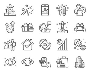 Business icons set. Included icon as Health eye, Currency exchange, Education signs. 5g wifi, Call center, Skyscraper buildings symbols. Work, Time management, Creativity. Vip podium. Vector