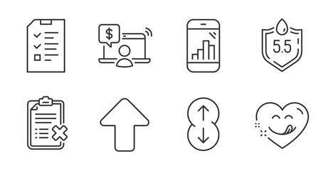 Scroll down, Reject checklist and Graph phone line icons set. Upload, Online shopping and Ph neutral signs. Interview, Yummy smile symbols. Swipe arrow, Decline file, Mobile statistics. Vector