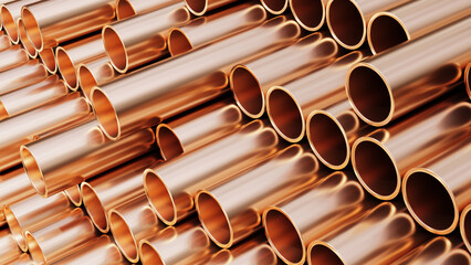 Industry production for plumbing. Copper pipes background. 3d render.
