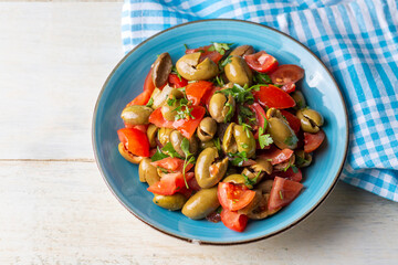 Gourmet flavors from traditional Turkish cuisine; green olive salad (Turkish name; Kirma yesil zeytin salatasi) A flavor belonging to the Turkey - Antakya region.