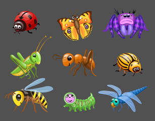 Cartoon funny bugs. caterpillar and butterfly, cute ladybug, Green grasshopper, spider children bugs, Baby insect