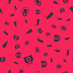 Set First aid kit, Cross hospital medical, Bottle nasal spray and with nozzle on seamless pattern. Vector.