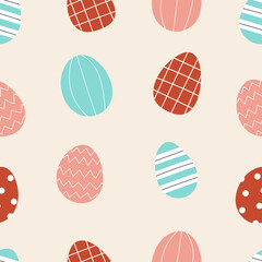 Seamless pattern with cute Easter decorated eggs. Traditional symbol of Easter. Illustration in simple flat hand style