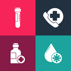 Set pop art Blood test and virus, Bottle of medicine syrup, Emergency phone call to hospital and Test tube with blood icon. Vector.