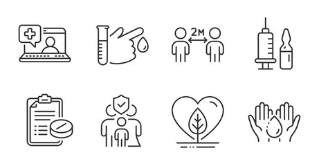 Medical help, Local grown and Social distancing line icons set. Family insurance, Medical vaccination and Wash hands signs. Blood donation symbol. Medicine laptop, Organic tested, Quarantine. Vector