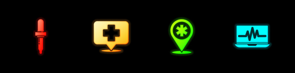 Set Pipette, Map pointer with cross hospital, and Laptop cardiogram icon. Vector.