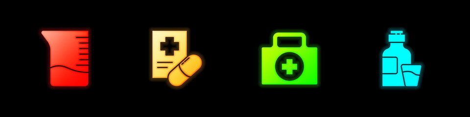 Set Measuring cup, Medical prescription, First aid kit and Bottle of medicine syrup icon. Vector.