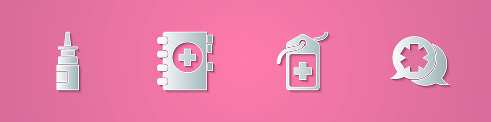 Obraz premium Set paper cut Bottle nasal spray, Medical clipboard, Cross hospital medical tag and Dialogue with the doctor icon. Paper art style. Vector.