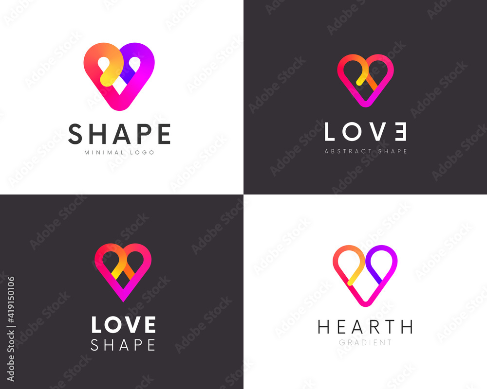 Poster set of abstract hearth logo shapes. love colorful logotype. minimal linear heart.