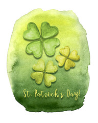 Green yellow watercolor background with clover. Irish holiday St. Patrick's Day. Illustration for backdrop, background, postcards, poster, banner. For your design.