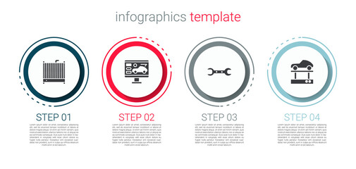 Set Car radiator cooling system, Diagnostics condition of car, Wrench spanner and Repair lift. Business infographic template. Vector.