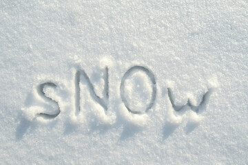 Word snow with big letters NO written on a snowbank. The concept of the end of winter and anticipation of spring. Top view. 