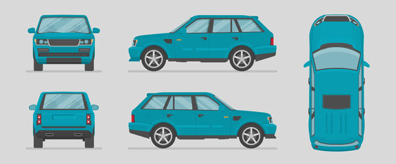 Vector SUV. Blue car from different sides. Side view, front view, back view, top view. Cartoon car in flat style.