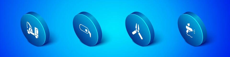 Set Isometric Tow truck, Car battery jumper power cable, Paint spray gun and rearview mirror icon. Vector.