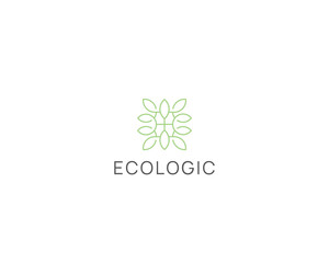 Ecologic logo sign. Linear leafs ornament logotype sign. Natural product icon.