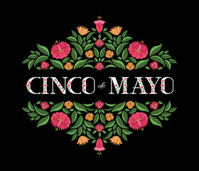 Cinco de Mayo, National Day, 5 May, illustration vector. Floral pattern on black background.