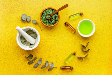 Herbal medicine and pharmacy. Eucalyptus essential oil, top view