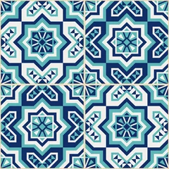 Tapeten Moroccan tile pattern vector seamless with mosaic arabesque ornaments. Spanish ceramic, portugal azulejo, mexico talavera, italian sicily majolica, turkish, islamic, mediterranean texture design. © irinelle
