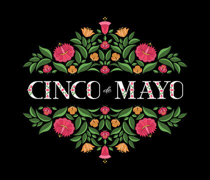 Cinco de Mayo, National Day, 5 May, illustration vector. Floral pattern on black background.