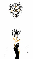 Hand drawn illustration of witches hand and tarot cards. Magic symbols. Flat and cartoon style. Wicca magic Tarot card. Boho chic line art tattoo, poster or altar veil print design.