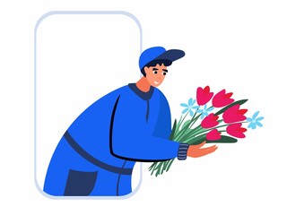 Receiving Blooming Plants in Wrapping from Man Courier Worker. Flower Bouquet Delivery Service Advertisement.