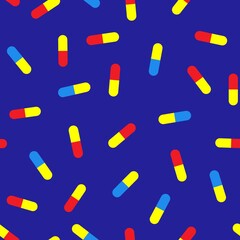 Medications seamless pattern. Pharmaceutical product. Dosage forms. Vector graphic. Isolated on blue background. Medicament or vitamins. Medical and healthcare concept for packaging, wrapping, fabric.