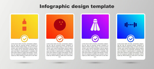Set Bottle of water, Bowling ball, Badminton shuttlecock and Dumbbell. Business infographic template. Vector.