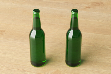 Two beer bottles 500ml mock up on wooden background.