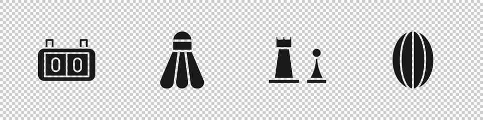 Set Sport mechanical scoreboard, Badminton shuttlecock, Chess and Rugby ball icon. Vector.