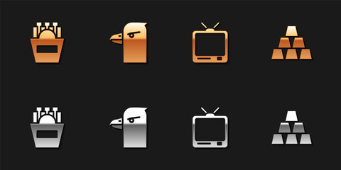 Set Potatoes french fries in box, Eagle head, Retro tv and Gold bars icon. Vector.