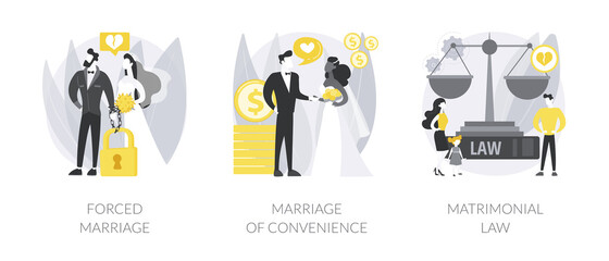 Family law abstract concept vector illustration set. Forced marriage, marriage of convenience, matrimonial law, domestic violence, sexual abuse, child custody, wedding rings abstract metaphor.