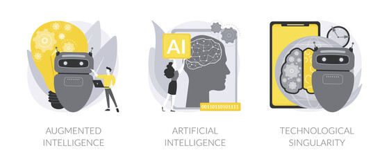 Cutting edge technology abstract concept vector illustration set. Augmented intelligence, artificial cognitive robotics, technological singularity, high tech, machine learning abstract metaphor.