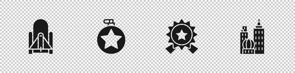 Set Rocket launch from the spaceport, Canteen water bottle, Medal with star and City landscape icon. Vector.