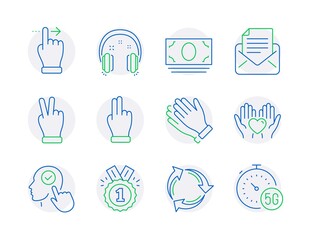 Business icons set. Included icon as Recycle, Clapping hands, Mail correspondence signs. Victory hand, Select user, Cash money symbols. Headphones, Click hand, Touchscreen gesture. Vector