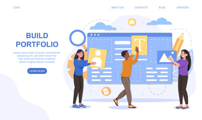 Portfolio management concept. Office teamwork and cooperation concept. Online cloud solution. Flat cartoon people vector illustration. Website, web page, landing page, ui template.
