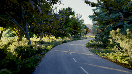 Beautiful empty asphalt road in the countryside with trees in surrounding, on my way concept.