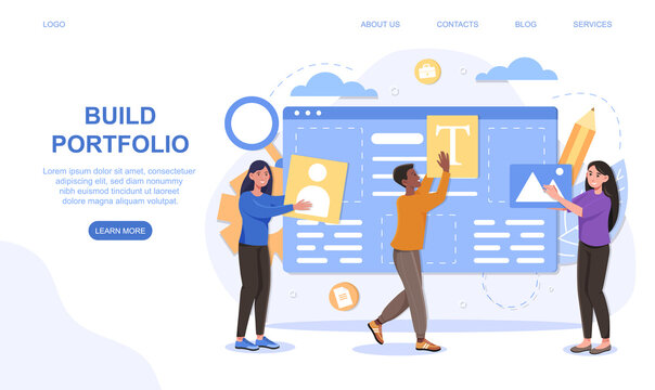 Portfolio management concept. Office teamwork and cooperation concept. Online cloud solution. Flat cartoon people vector illustration. Website, web page, landing page, ui template.