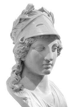 Ancient Greek goddess Athena Pallas statue isolated on white. Marble woman head in helmet sculpture.