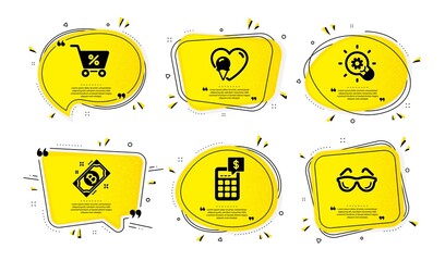 Bitcoin, Special offer and Calculator icons simple set. Yellow speech bubbles with dotwork effect. Ice cream, Innovation and Eyeglasses signs. Cryptocurrency coin, Discounts, Money management. Vector