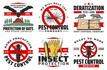 Pest control service isolated vector icons. Protection of bats, rats or mice and centipede, silverfish and scorpio with ants, mosquito prohibition signs, dangerous insects extermination, repellents